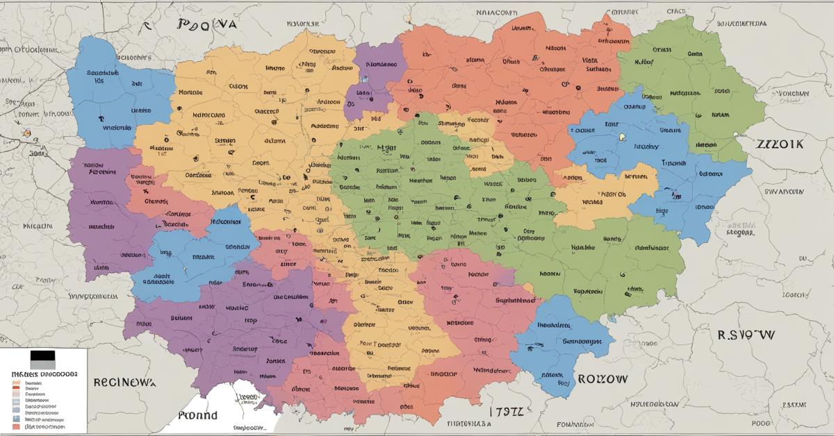 Mapa Polski z wyraźnie zaznaczonymi 176 strefami numeracyjnymi, z wyróżnionym Rzeszowem i numerem 