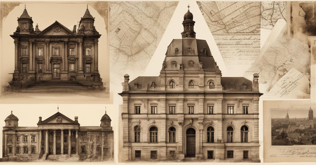 Kolaż historyczny z elementami architektury Prus Wschodnich i numerem 