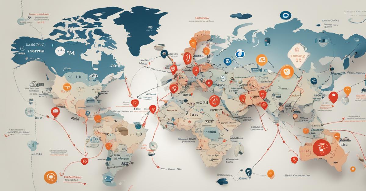 Mapa świata z różnymi krajami zaznaczonymi ikonami telefonów i kodami krajów, podkreślająca powiązania globalnej komunikacji, ze szczególnym uwzględnieniem obszaru wokół Austrii.